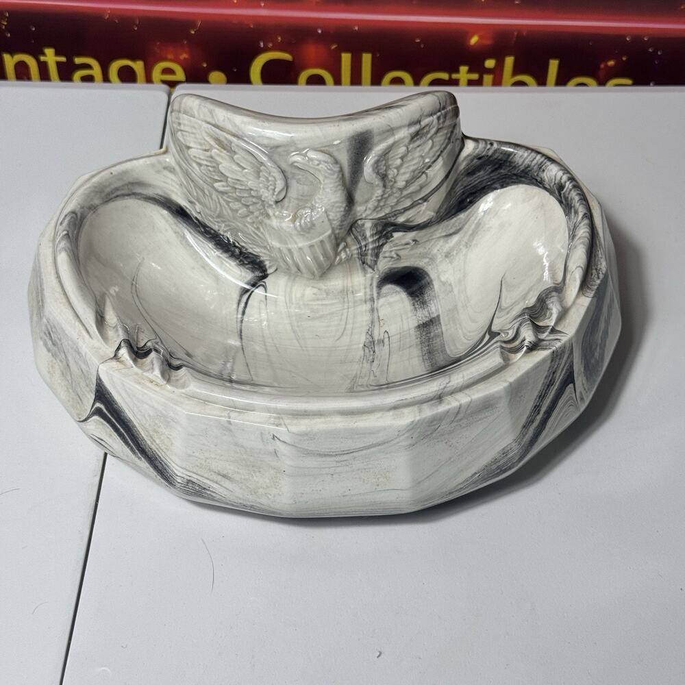 Vintage Atlantic Mold Eagle Ceramic Ashtray Hand Glazed Marble MCM Patriotic